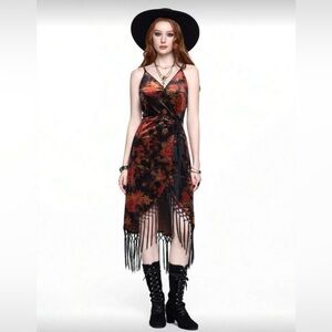 ROMWE Black and Red Velvet Fringe Asymmetrical Floral Witchy Boho Dress M NWT